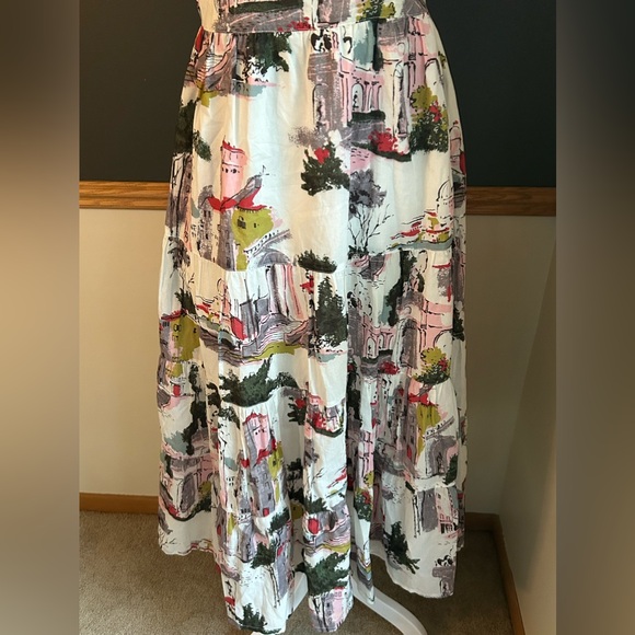 Anthropologie Lazy Bones Multicolor Cityscape Fit Flare Tiered Midi Dress Sz XS - Picture 7 of 12